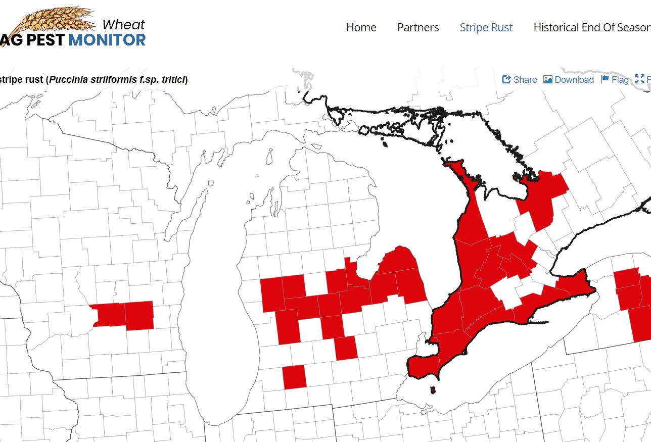 A map of the Midwest with certain counties highlighted in red.